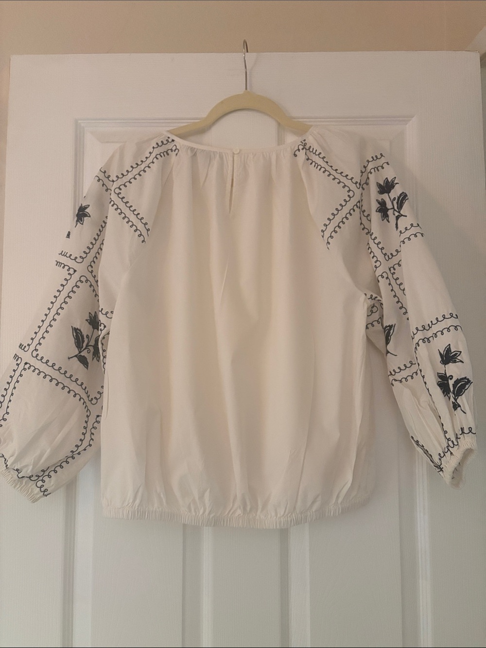 LOFT Cream Blouse with Navy Embroidered Sleeves - Picture 4 of 14